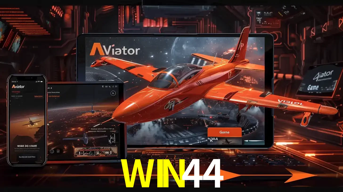 Apresentação tecnológica do jogo Aviator com um avião saindo da tela de um tablet, demonstrando a experiência imersiva em múltiplos dispositivos no WIN44.