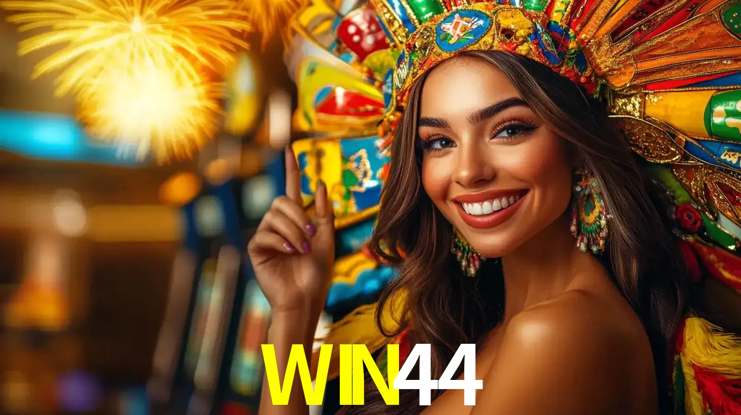 Mulher sorridente com um cocar de carnaval vibrante e colorido, celebrando uma grande vitória nos jogos do cassino WIN44 com fogos de artifício ao fundo.