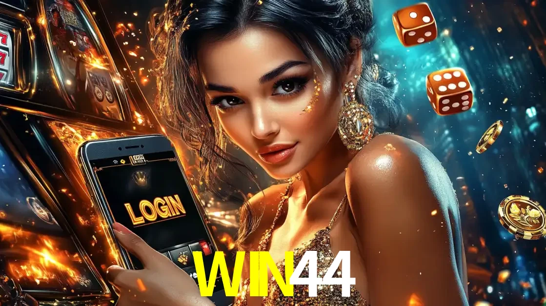 Mulher glamourosa segurando um celular com a tela de login do cassino WIN44, rodeada por dados e moedas douradas, pronta para começar a diversão.