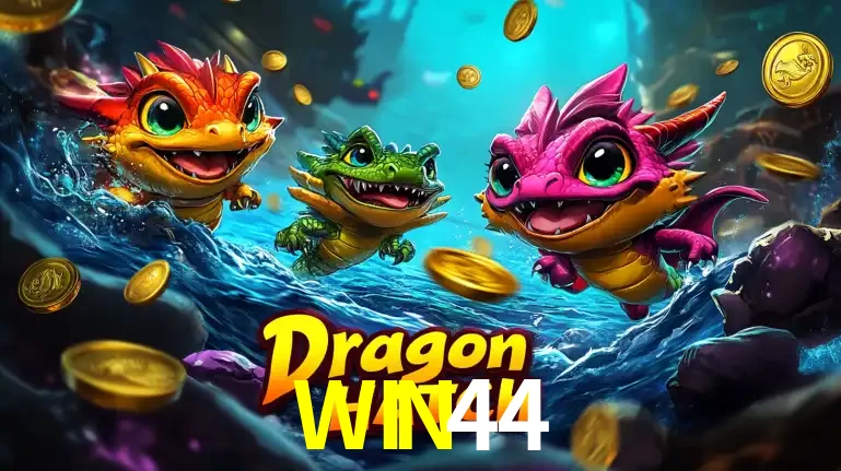 Arte promocional do jogo Dragon Hatch com três adoráveis dragões bebês nadando entre moedas de ouro, um dos slots mais divertidos para jogar no cassino WIN44.