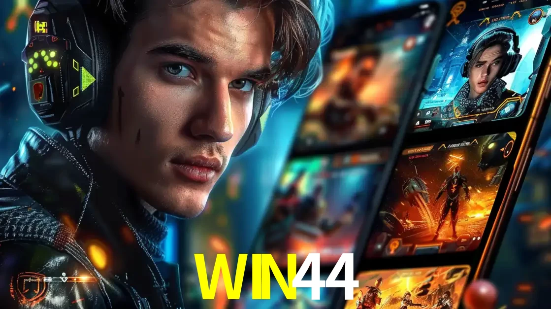 Jovem jogador com fones de ouvido olhando para a câmera, com um aplicativo de jogos e e-sports para celular ao fundo, pronto para a competição e apostas no WIN44.