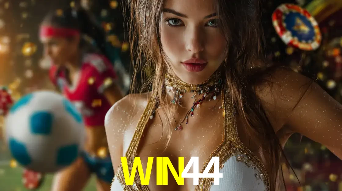 Mulher elegante representando a combinação de glamour e emoção das apostas esportivas, com uma jogadora de futebol ao fundo, destacando a ação no WIN44.
