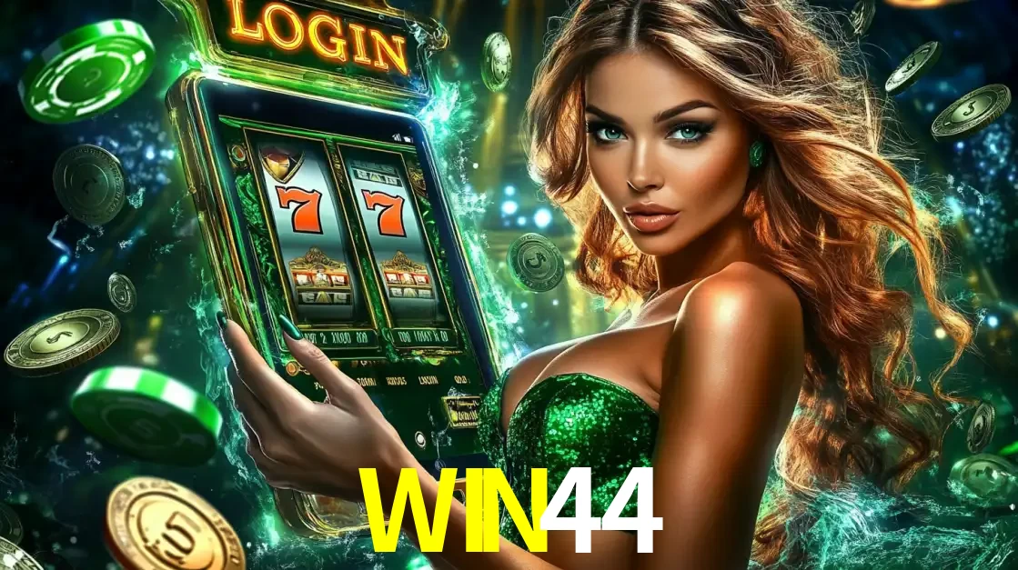 Mulher com tema verde apresentando o aplicativo do cassino WIN44 com um jogo de slot de 777, cercada por fichas de cassino e uma aura de sorte.