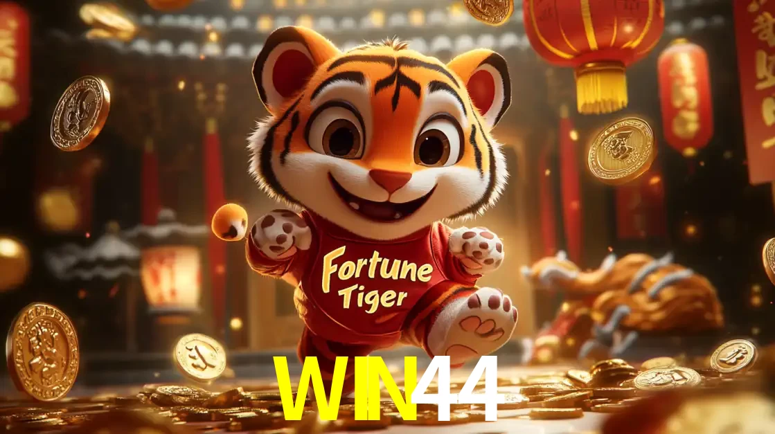 O alegre personagem do Fortune Tiger correndo sobre um caminho de moedas de ouro, simbolizando os grandes prêmios e a diversão do popular jogo de slot do WIN44.