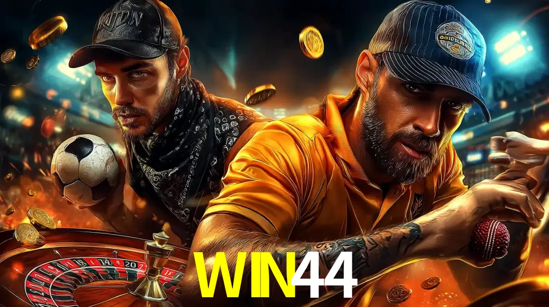 Montagem de apostas esportivas e cassino no WIN44, com um homem segurando uma bola de futebol e outro uma de beisebol sobre uma roleta e moedas voadoras.