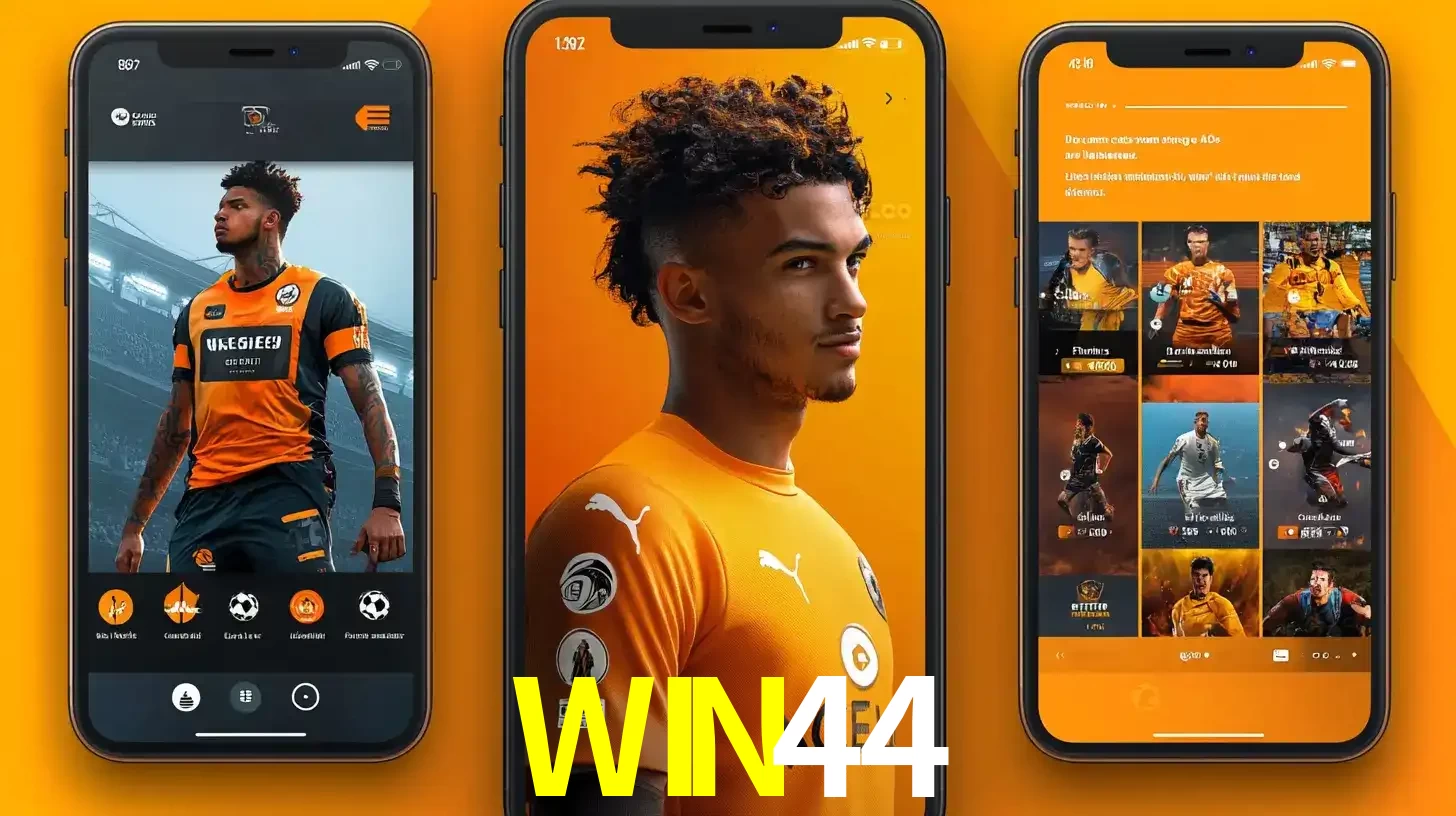 Interface do aplicativo de apostas esportivas WIN44 em três telas de celular, mostrando o perfil de um jogador de futebol e a lista de jogos disponíveis para apostar.