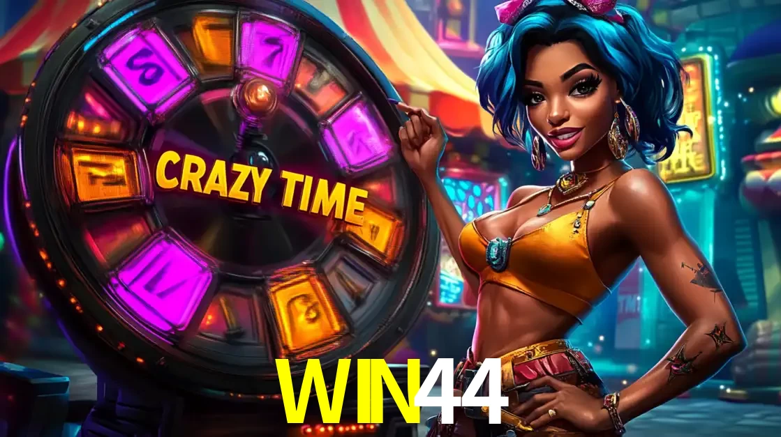Mulher estilizada com cabelo azul e visual vibrante posando ao lado da roda de prêmios do game show Crazy Time, convidando para a diversão e os bônus do cassino WIN44.