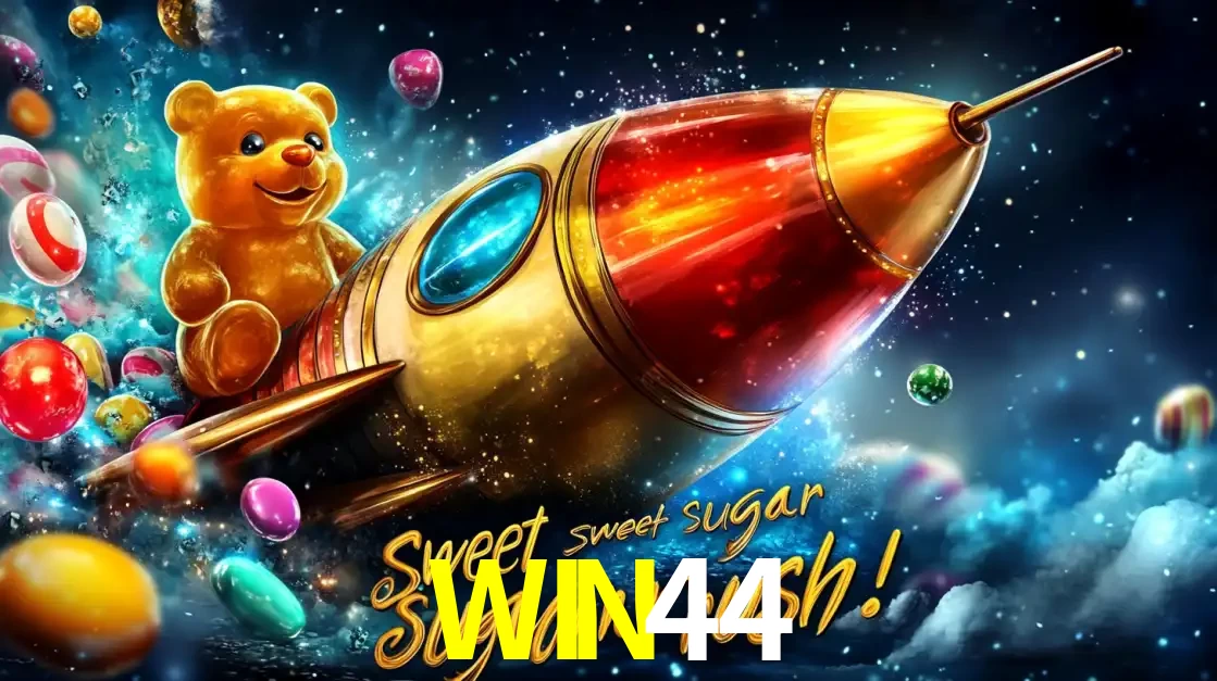 Arte promocional do jogo de slot Sugar Rush, com um urso de pelúcia em um foguete viajando pelo espaço de doces, um dos jogos divertidos disponíveis no cassino WIN44.
