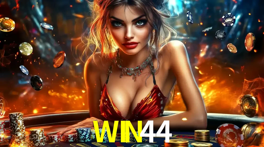 Mulher em uma mesa de cassino com pilhas de fichas e um fundo de fogo, pronta para uma rodada de altas apostas nos jogos de mesa emocionantes do cassino WIN44.