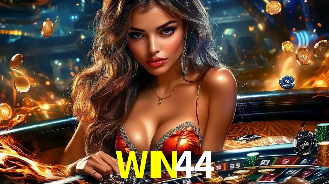 Mulher glamourosa em uma mesa de roleta com um fundo de chamas e moedas voadoras, pronta para fazer sua aposta e ganhar grandes prêmios no cassino ao vivo WIN44.