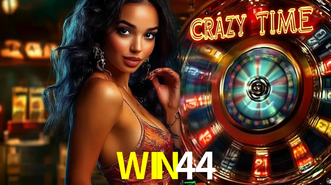 Mulher elegante ao lado da vibrante roda da fortuna do jogo de cassino ao vivo Crazy Time, um dos game shows mais populares e cheios de prêmios do WIN44.