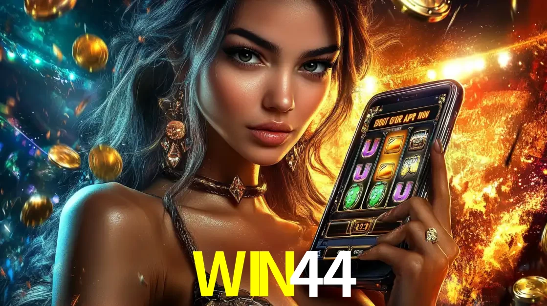 Mulher elegante mostrando um jogo de caça-níqueis em seu smartphone, destacando a experiência de cassino móvel oferecida pelo aplicativo WIN44.