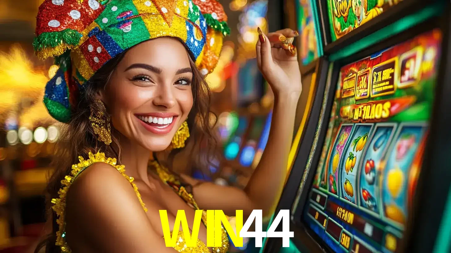 Mulher feliz com traje de carnaval amarelo e colorido ao lado de uma máquina de caça-níqueis, aproveitando a diversão e os jogos temáticos do cassino WIN44.