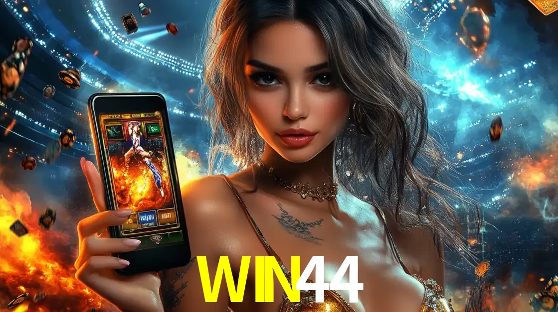 Mulher segurando um celular com um jogo de slot em destaque, tendo como fundo um estádio vibrante, simbolizando a emoção de jogar no cassino móvel WIN44.