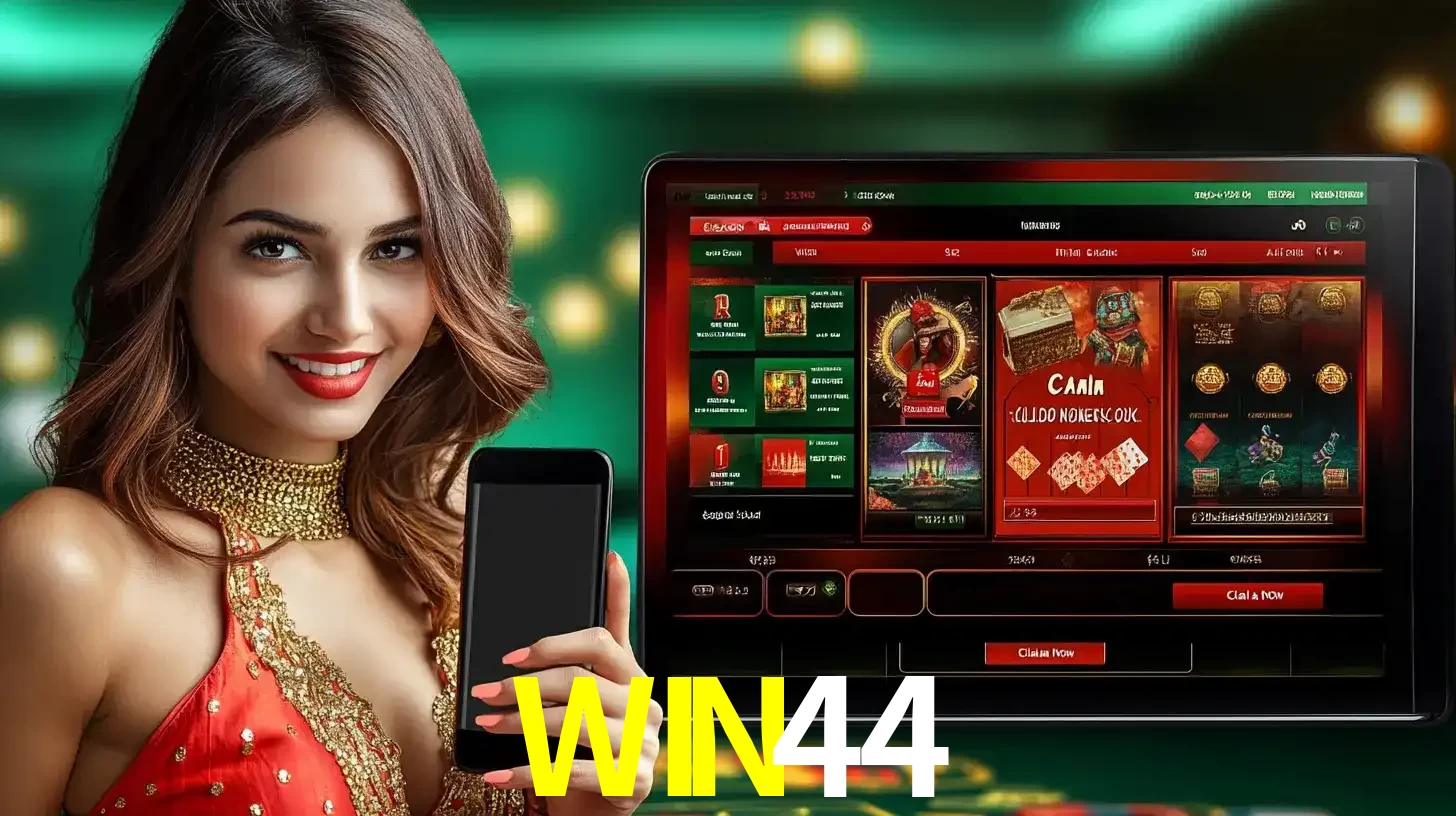 Mulher sorridente segurando um smartphone, ao lado de uma tela exibindo o lobby de jogos do cassino online WIN44, com várias opções de jogos de cartas e slots.